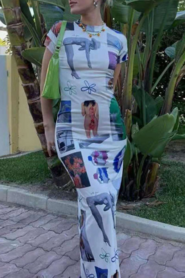 Figure Sexy Print Patchwork O Neck Pencil Skirt Dresses