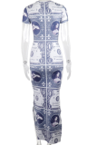 Figure Sexy Print Patchwork O Neck Pencil Skirt Dresses