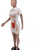Red Sexy Print Patchwork O Neck Straight Dresses