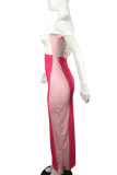 Rose Red Casual Color Lump Print Patchwork Off the Shoulder Sheath Dresses