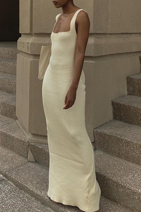Apricot Fashion Solid Patchwork Square Collar Pencil Skirt Dresses