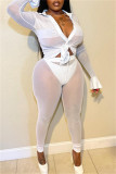White Fashion Sexy Solid Patchwork See-through Turndown Collar Long Sleeve Two Pieces