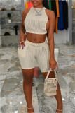 Apricot Fashion Sexy Solid Bandage Backless O Neck Sleeveless Two Pieces