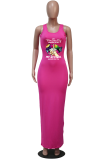 Red Fashion Print Patchwork U Neck Pencil Skirt Dresses