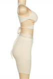 Apricot Fashion Sexy Solid Bandage Backless O Neck Sleeveless Two Pieces