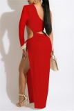 Black Fashion Sexy Solid Hollowed Out Backless Slit Oblique Collar Long Sleeve Dresses