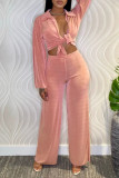 Pink Sexy Solid Bandage Patchwork Turndown Collar Long Sleeve Three Pieces