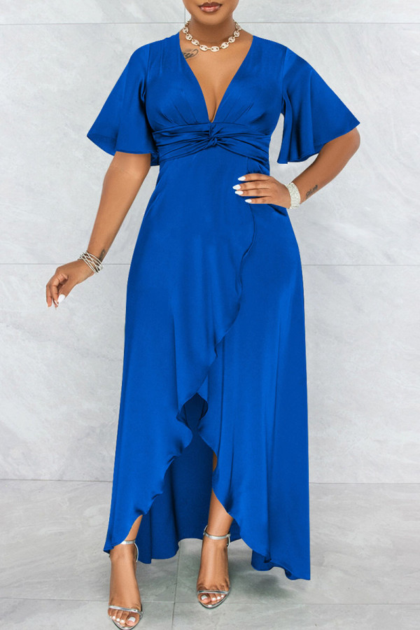 Blue Fashion Casual Solid Patchwork V Neck Short Sleeve Dress Dresses