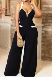 Black Sexy Casual Solid Patchwork Backless Halter Regular Jumpsuits