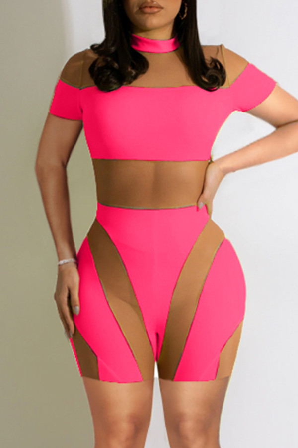 Rose Red Fashion Sexy Patchwork See-through O Neck Skinny Rompers