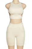 Apricot Fashion Sexy Solid Bandage Backless O Neck Sleeveless Two Pieces