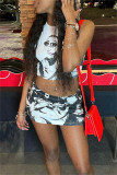 Black Fashion Sexy Print Basic O Neck Sleeveless Two Pieces