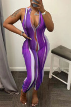 Purple Sexy Print Split Joint Zipper Collar Skinny Jumpsuits