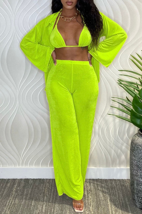 Green Sexy Solid Bandage Patchwork Turndown Collar Long Sleeve Three Pieces