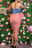 Pink Sexy Casual Patchwork Backless Fold Strapless Sleeveless Dress