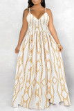 White Fashion Sexy Print Backless Spaghetti Strap Long Dress
