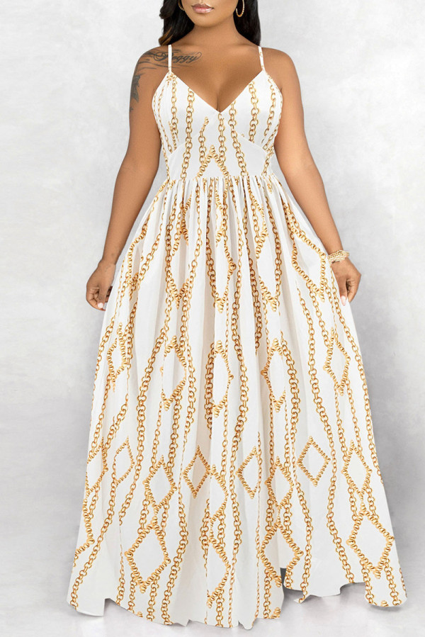 White Fashion Sexy Print Backless Spaghetti Strap Long Dress