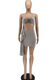 Grey Sexy Solid Patchwork Knotted Strapless Sleeveless Two Pieces