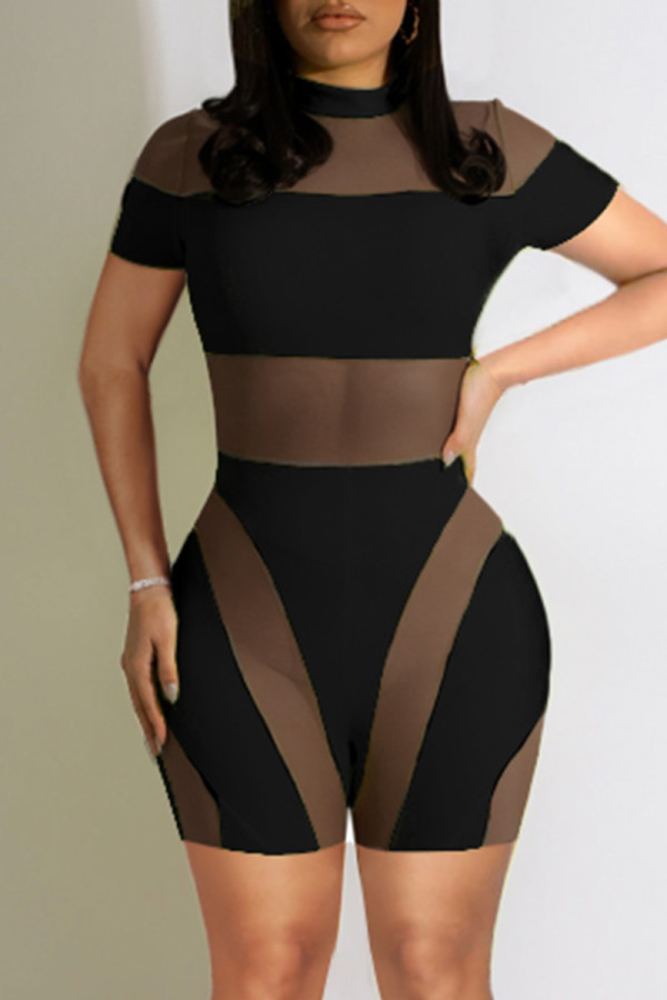 Black Fashion Sexy Patchwork See-through O Neck Skinny Rompers