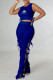 Royal Blue Fashion Sexy Print Bandage O Neck Sleeveless Two Pieces