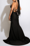 Black Fashion Sexy Solid Bandage Backless Slit Spaghetti Strap Evening Dress
