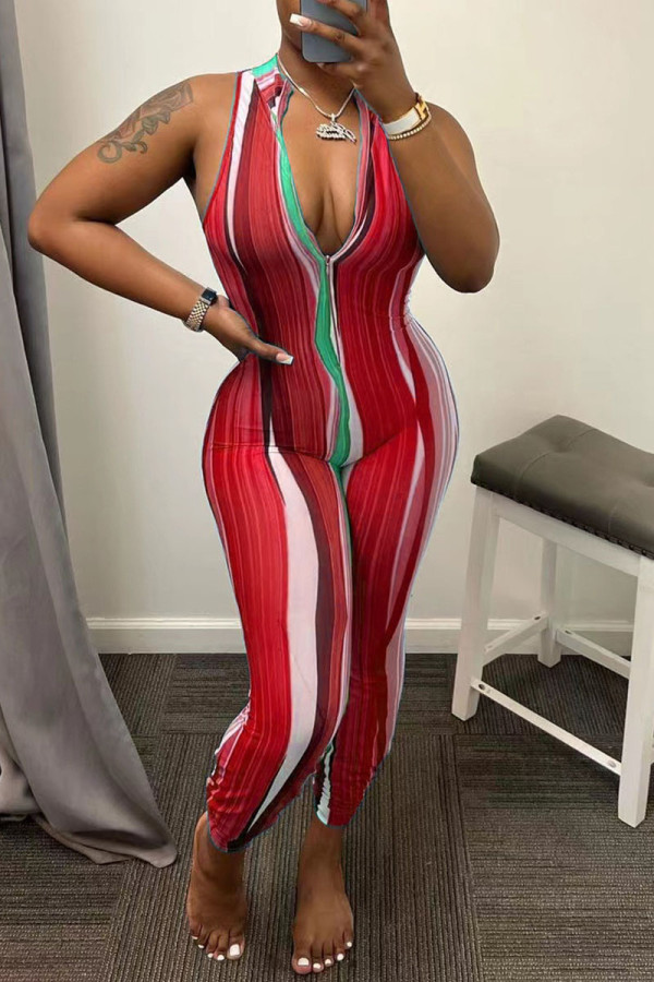 Red Sexy Print Patchwork Zipper Collar Skinny Jumpsuits
