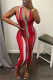 Red Sexy Print Patchwork Zipper Collar Skinny Jumpsuits