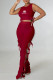 Burgundy Fashion Sexy Print Bandage O Neck Sleeveless Two Pieces