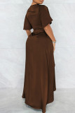 Blue Fashion Casual Solid Patchwork V Neck Short Sleeve Dress Dresses