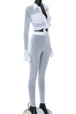 White Fashion Sexy Solid Patchwork See-through Turndown Collar Long Sleeve Two Pieces