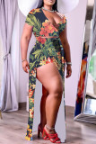 Green Fashion Casual Print Patchwork Slit V Neck Plus Size Two Pieces