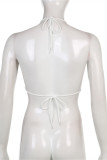 Blue Fashion Sexy Solid Bandage Patchwork Backless Halter Sleeveless Two Pieces