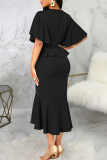 Blue Elegant Solid Patchwork Flounce O Neck Irregular Dress Dresses
