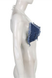Blue Fashion Sexy Solid Bandage Patchwork Backless Halter Sleeveless Two Pieces