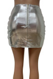 Silver Fashion Casual Solid Patchwork Skinny High Waist Skirt