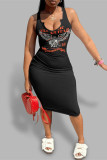 Black Fashion Casual Print Basic U Neck Vest Dress