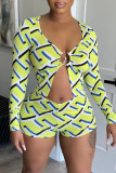 Yellow Fashion Sexy Casual Print Patchwork V Neck Long Sleeve Two Pieces