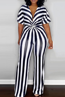 Black Casual Striped Print Split Joint Knotted V Neck Straight Jumpsuits