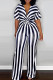 Black Casual Striped Print Patchwork Knotted V Neck Straight Jumpsuits