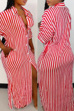 Red Fashion Casual Striped Print Split Joint Turndown Collar Shirt Dress