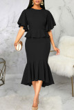 Blue Elegant Solid Patchwork Flounce O Neck Irregular Dress Dresses