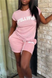 Pink Fashion Casual Letter Print Basic O Neck Short Sleeve Two Pieces