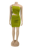 Green Fashion Sexy Solid Hollowed Out Backless Fold Spaghetti Strap Sleeveless Dress