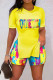 Yellow Casual Print Patchwork Slit O Neck Plus Size Two Pieces