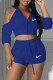 Blue Fashion Sportswear Print Patchwork Hooded Collar Half Sleeve Two Pieces