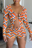 Orange Fashion Sexy Casual Print Patchwork V Neck Long Sleeve Two Pieces