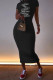 Black Fashion Casual Print Letter O Neck One Step Skirt Dresses