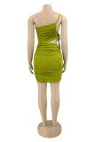 Green Fashion Sexy Solid Hollowed Out Backless Fold Spaghetti Strap Sleeveless Dress