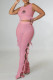 Pink Fashion Sexy Print Bandage O Neck Sleeveless Two Pieces