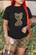 Black Casual Print Patchwork O Neck Short Sleeve Two Pieces